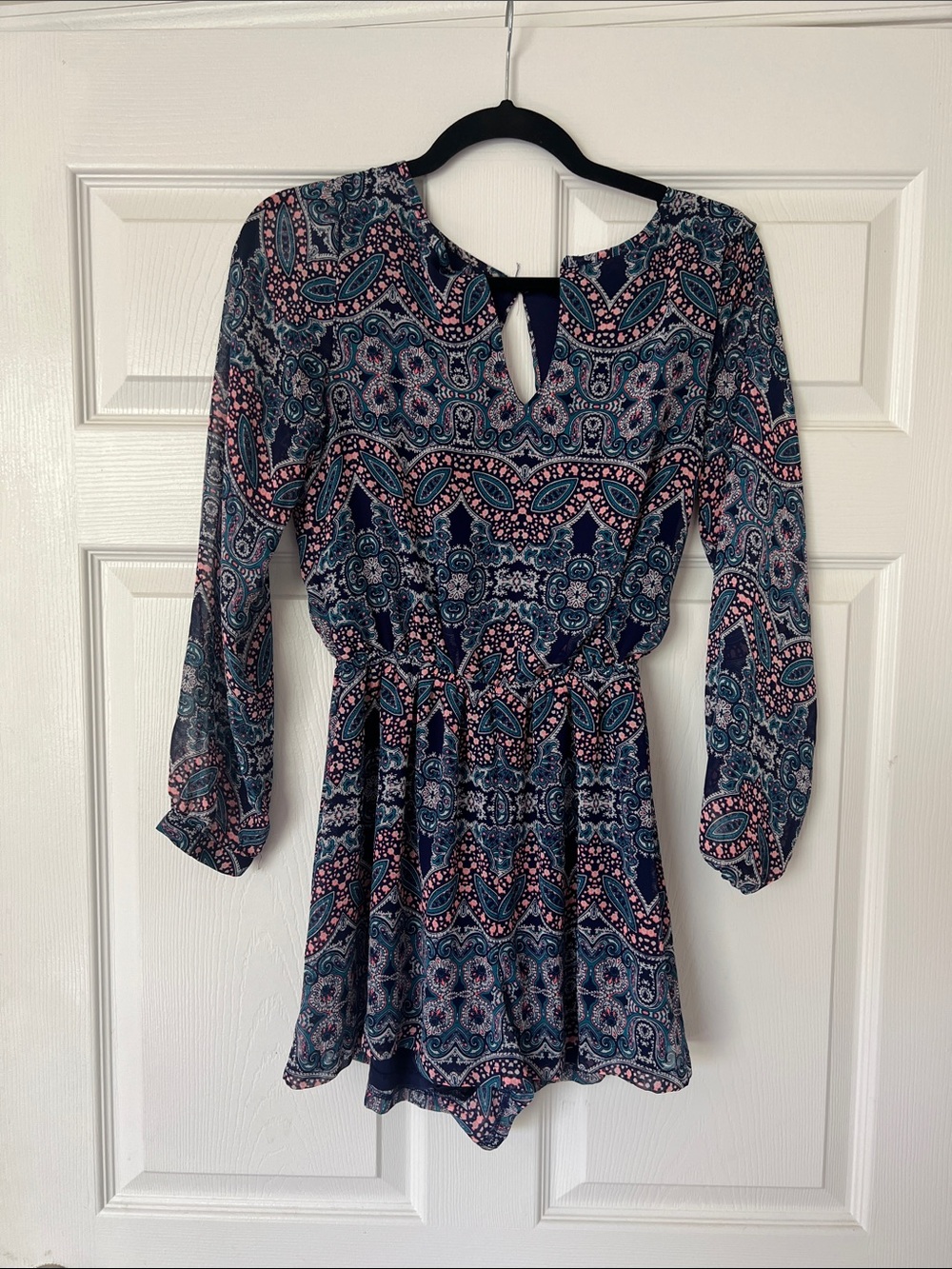 Navy Paisley Keyhole Long-Sleeve Romper